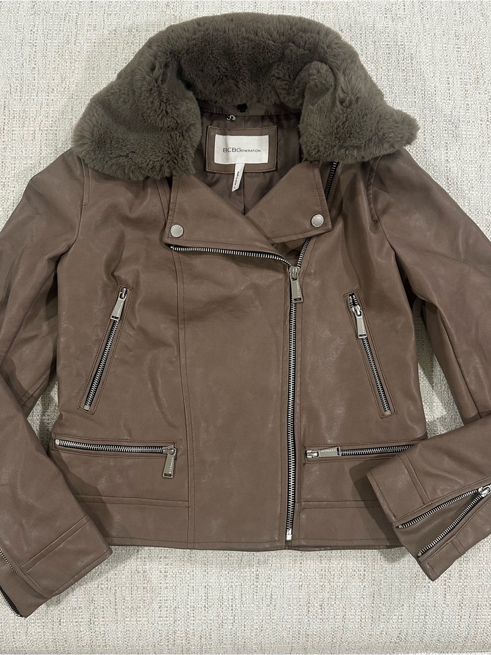 BCBGeneration Taupe Vegan Leather Moto Jacket with Faux Fur Collar